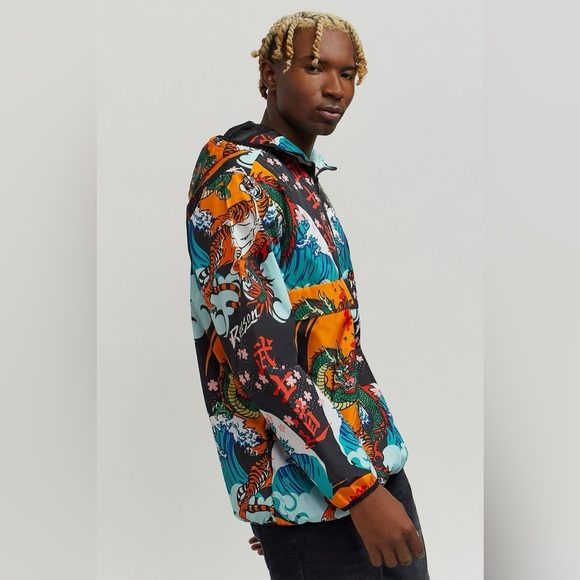 Reason Half Zip ANORAK Kanji Japan Dragon Mesh Lined Windbreaker - Picture 1 of 10